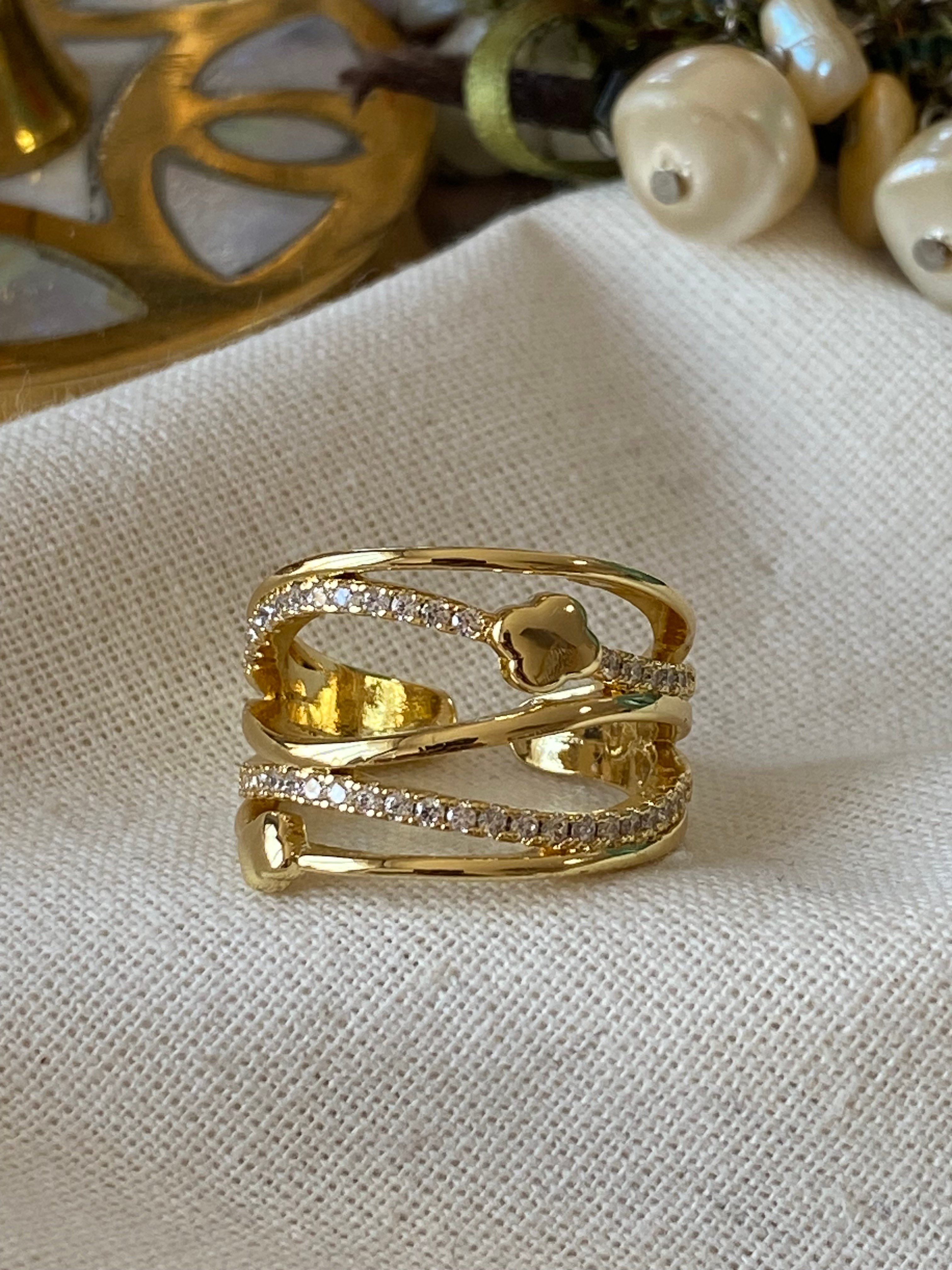 Gold Ayarlanabilir Cleef Model Taşlı Geniş Yüzük