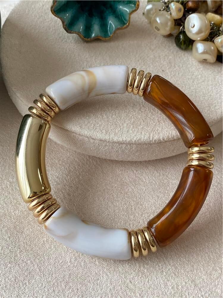 Gold Detaylı Kahverengi Beyaz Esnek Bileklik