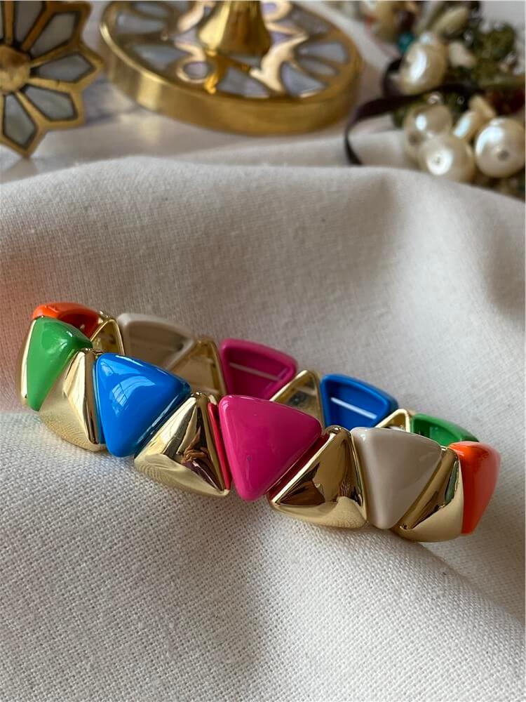 Gold Detaylı Karışık Renkli Üçgen Model Porselen Esnek Bileklik