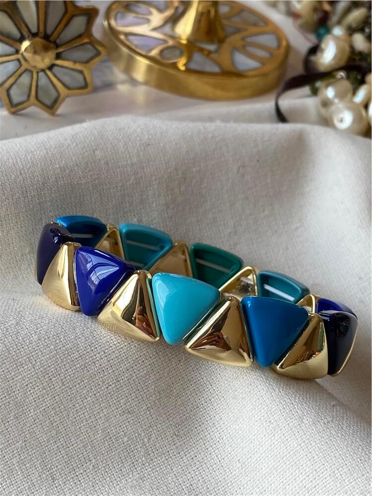 Gold Detaylı Mavi Üçgen Model Porselen Esnek Bileklik