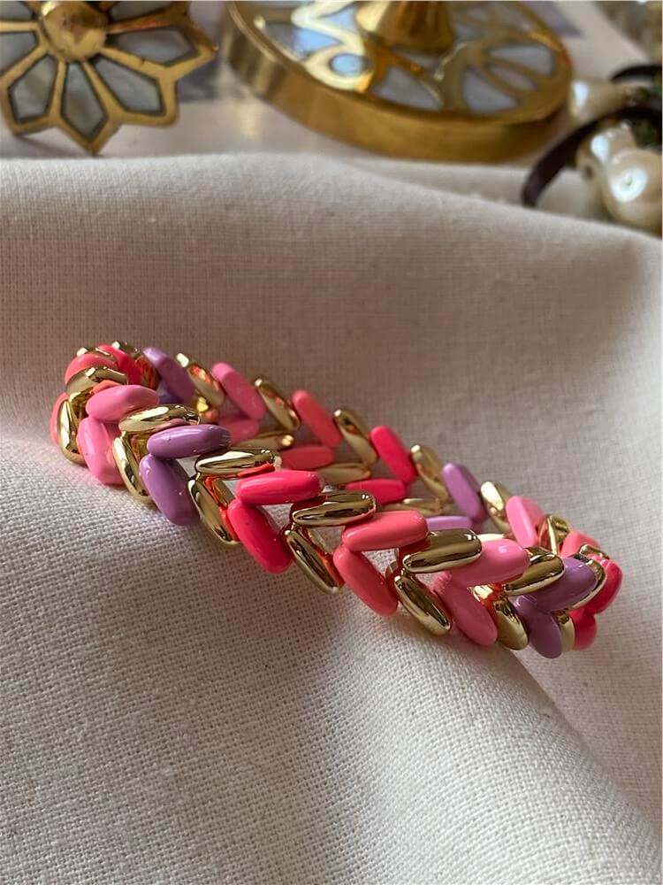 Gold Detaylı Pembe V Model Porselen Esnek Bileklik