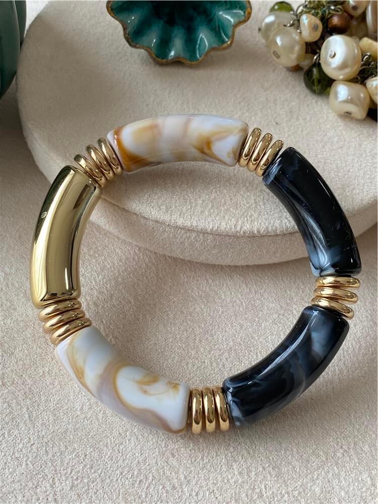 Gold Detaylı Siyah Beyaz Esnek Bileklik