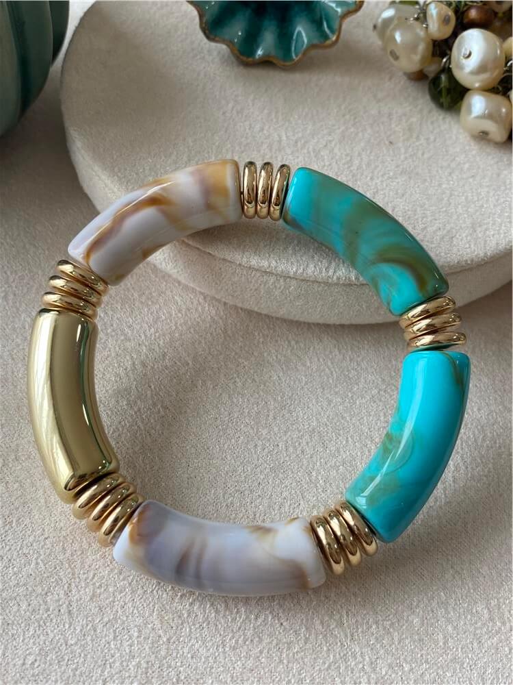 Gold Detaylı Turkuaz Beyaz Esnek Bileklik