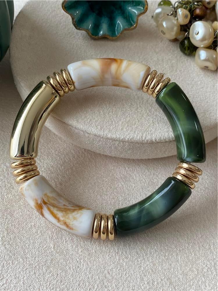 Gold Detaylı Yeşil Beyaz Esnek Bileklik