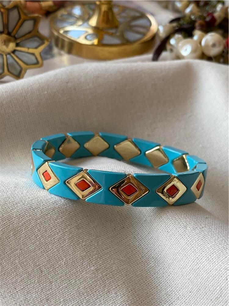 Gold Karo Desenli Mavi Porselen Bileklik