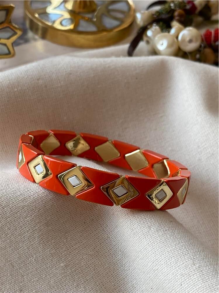 Gold Karo Desenli Turuncu Porselen Bileklik