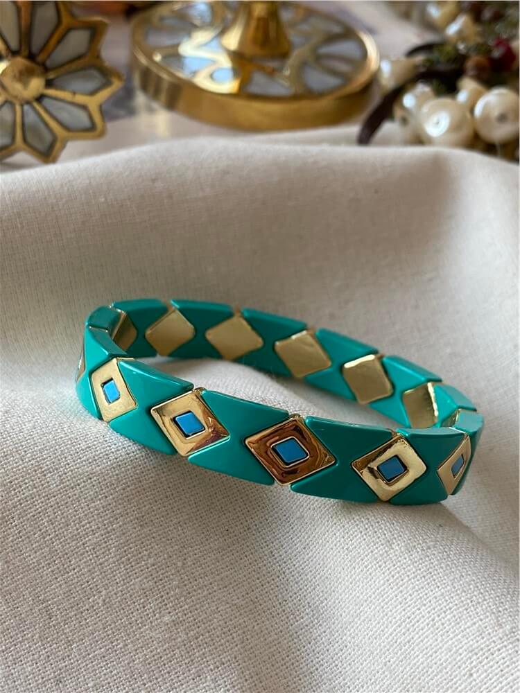 Gold Karo Desenli Yeşil Porselen Bileklik