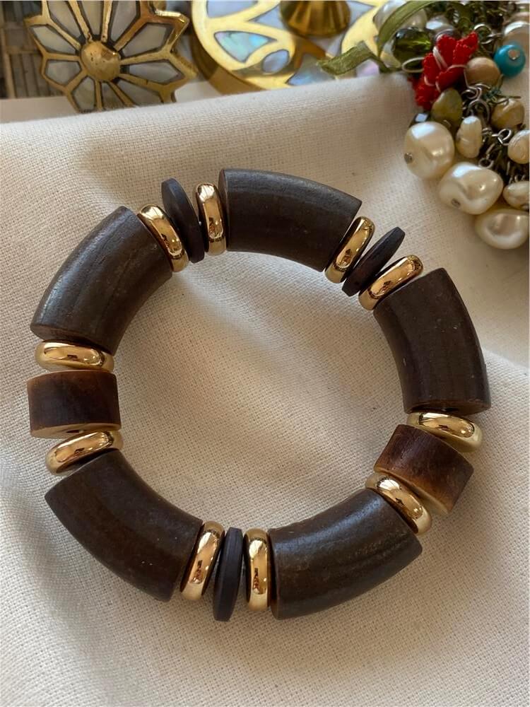 Gold Plaka Detaylı Ahşap Esnek Bileklik