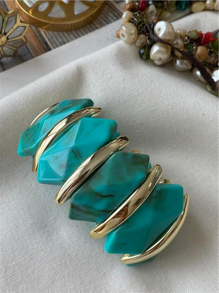 Gold Plaka Detaylı Turkuaz Geniş Esnek Bileklik