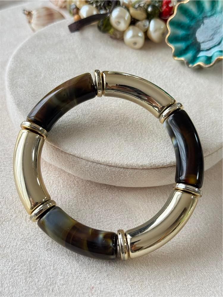 Gold Plakalı Ebruli Kahverengi Esnek Bileklik