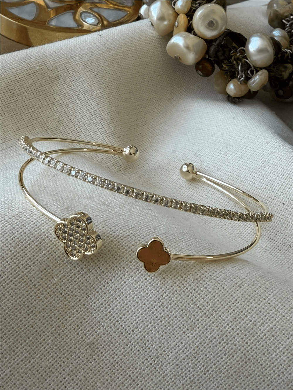 Gold Taşlı İkili Görünümlü Cleef Model Açık Kelepçe