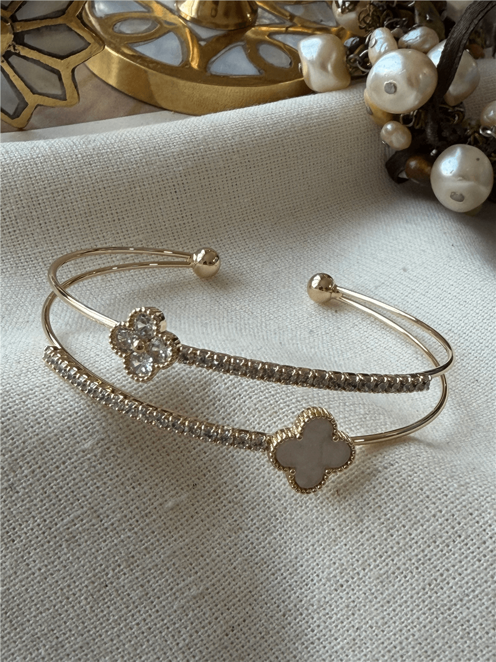 Gold Taşlı Sedefli Cleef Model Açık Kelepçe