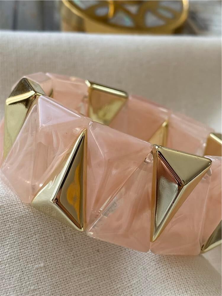 Gold Üçgen Plaka Detaylı Pembe Geniş Esnek Bileklik