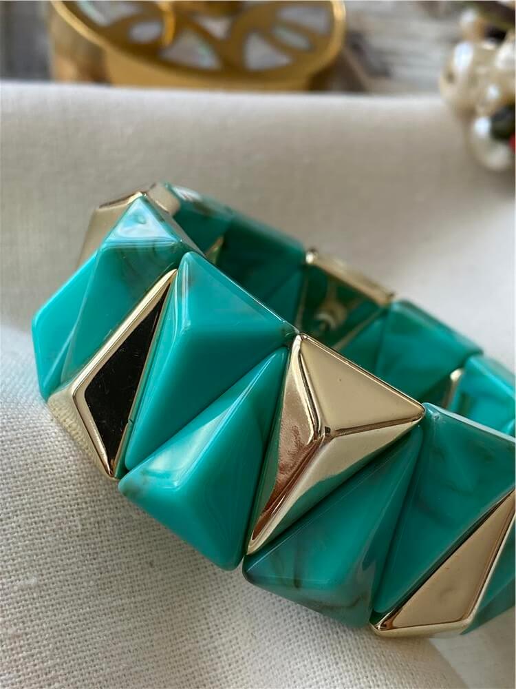 Gold Üçgen Plaka Detaylı Turkuaz Geniş Esnek Bileklik