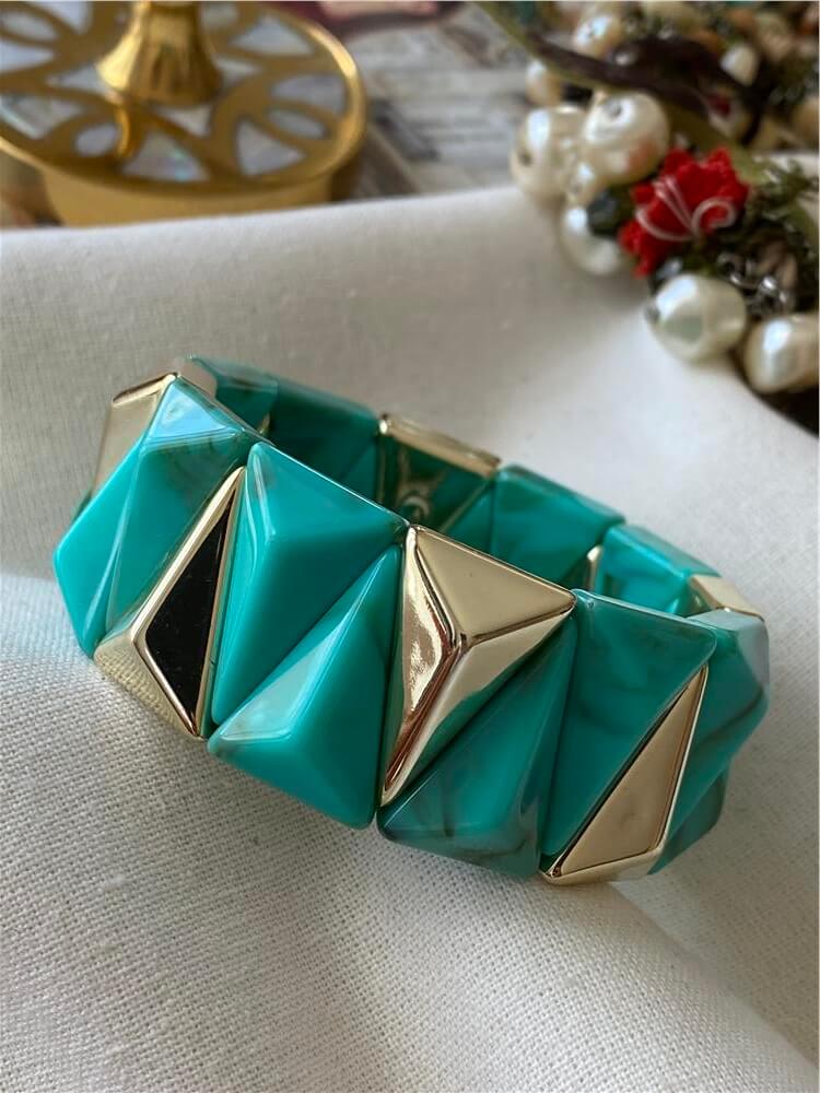 Gold Üçgen Plaka Detaylı Turkuaz Geniş Esnek Bileklik