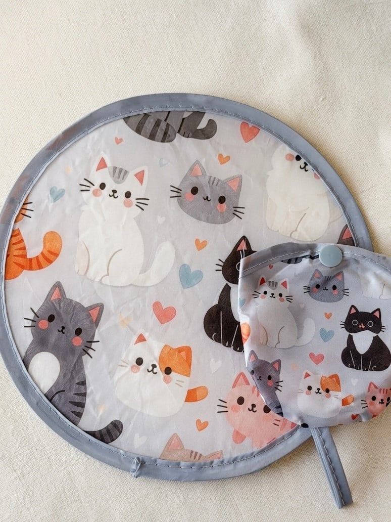 Gri Kedi Desenli Katlanır Yelpaze