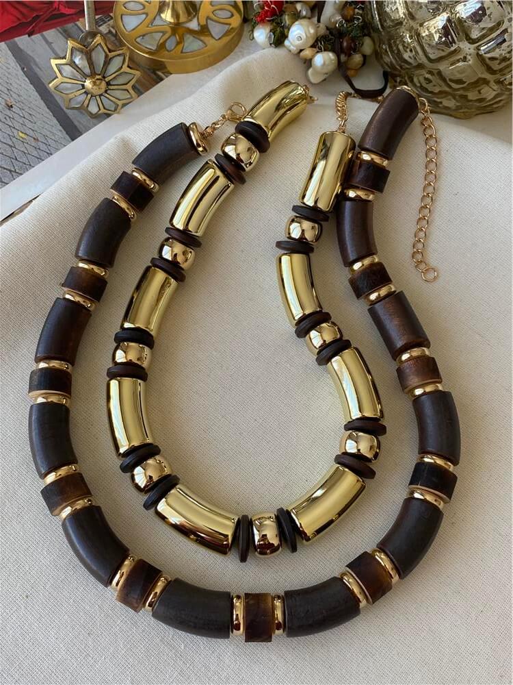 İkili Gold Plaka Detaylı Tahta Kolye