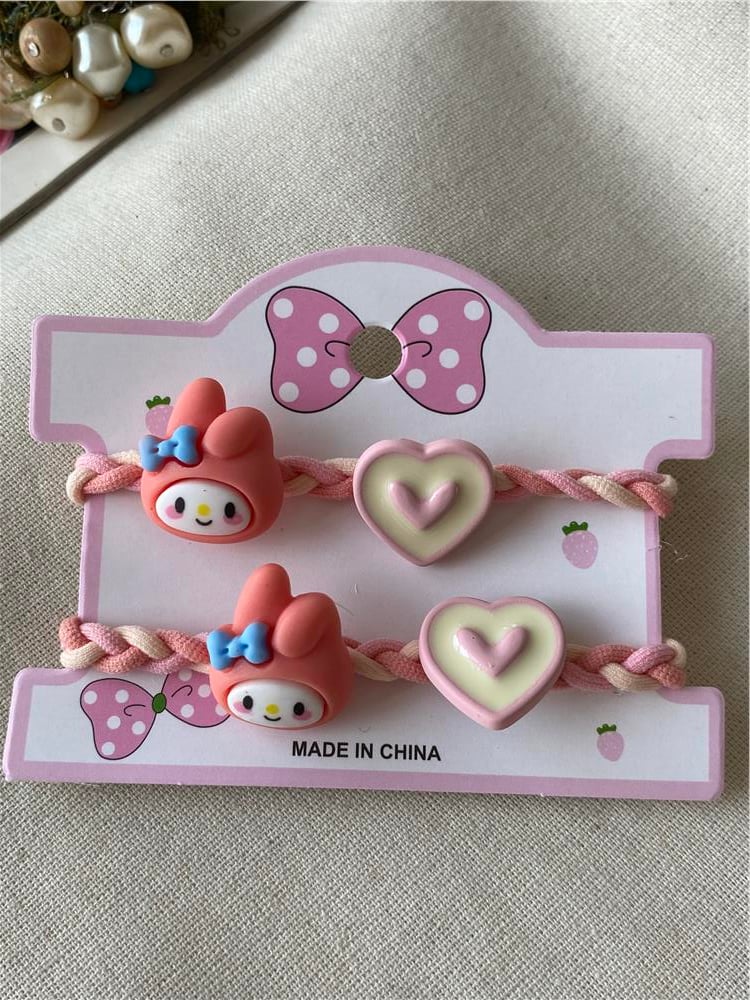 İkili Kalp Model Pink Bunny Örgü Lastik Toka
