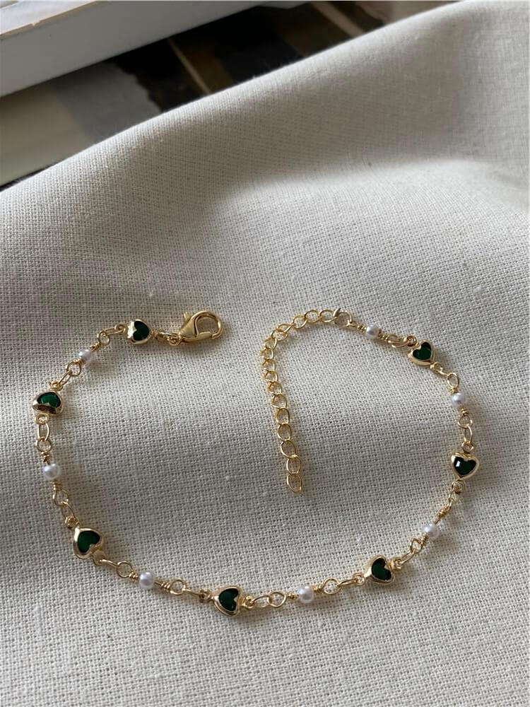 İncili Yeşil Kalp Detaylı Bileklik