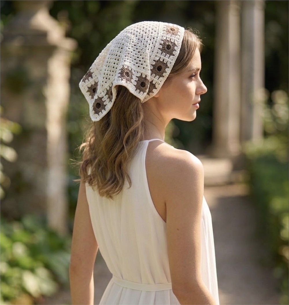 Kahverengi Çiçekli Örgü Model Üçgen Bandana
