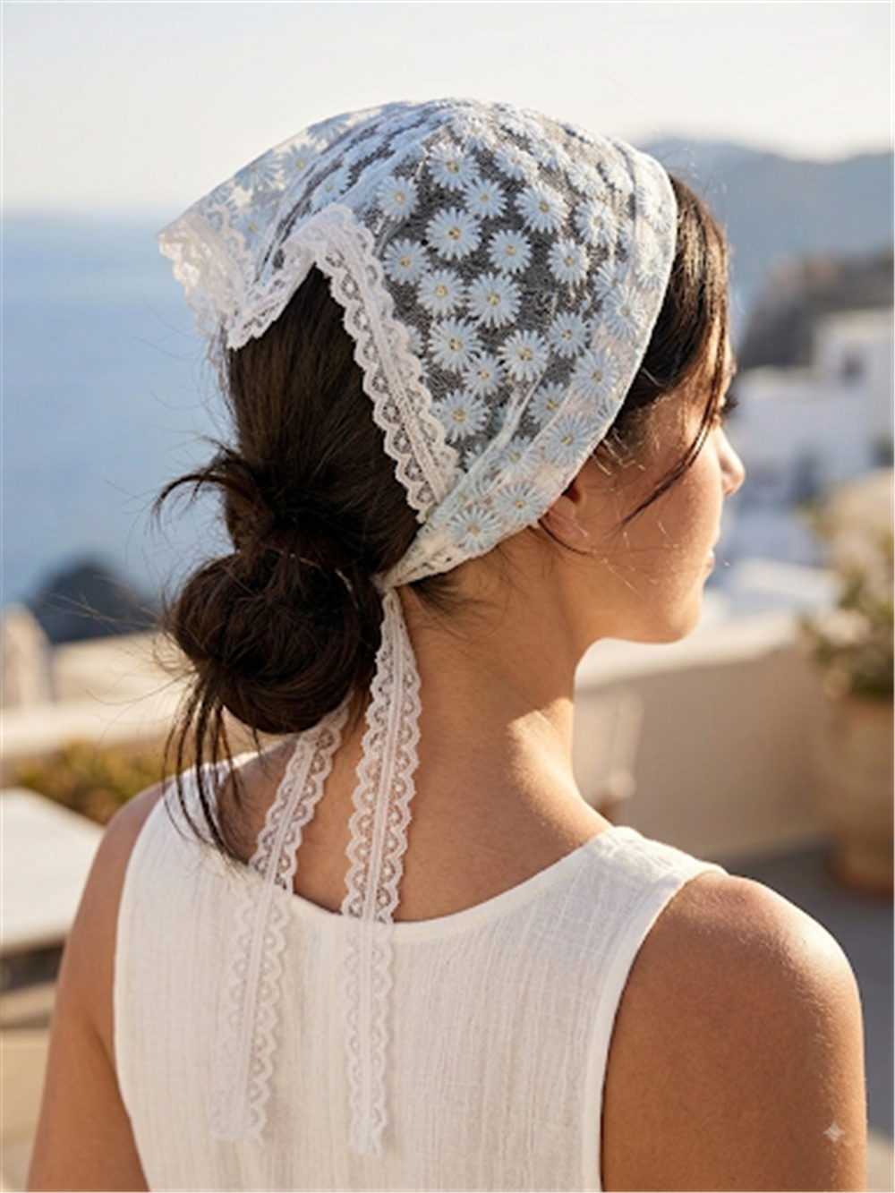 Mavi Papatya Desenli Bandana Model Taç