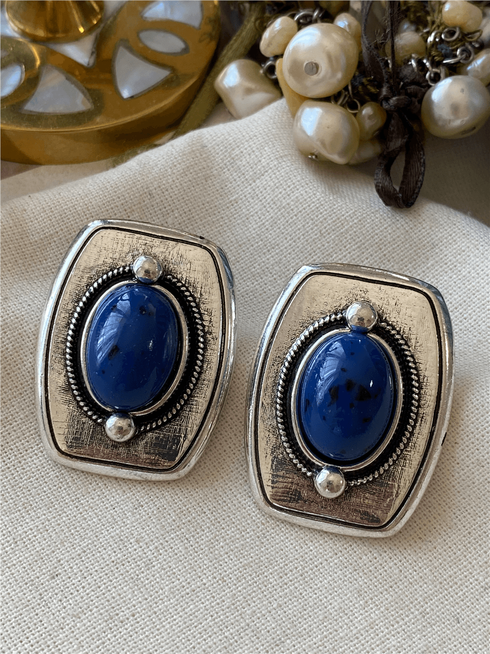 Mavi Taşlı Silver Plaka Küpe