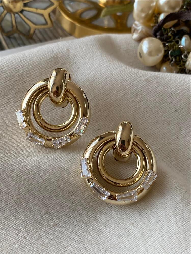 Özel Seri 14K Kesme Taş Detaylı İç İçe Halka Küpe
