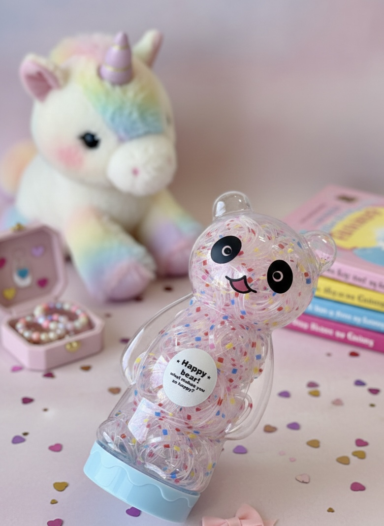 Panda Kutulu Desenli Şeffaf Lastik Toka Seti