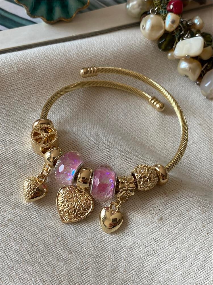 Parlak Pembe Taşlı Kalp Charm Bileklik