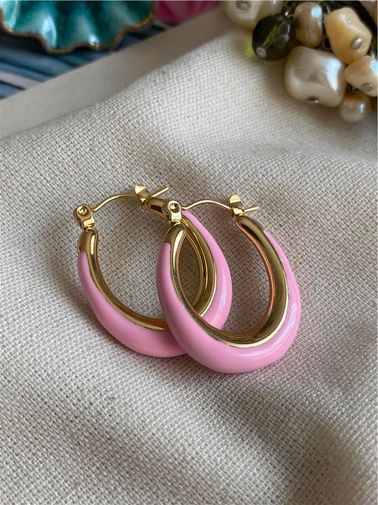Pembe Mineli Oval Küpe