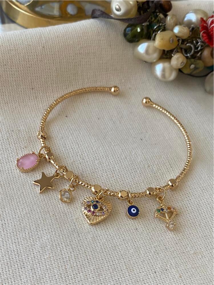 Pembe Taşlı ve Nazar Kalp Sallantılı Bileklik