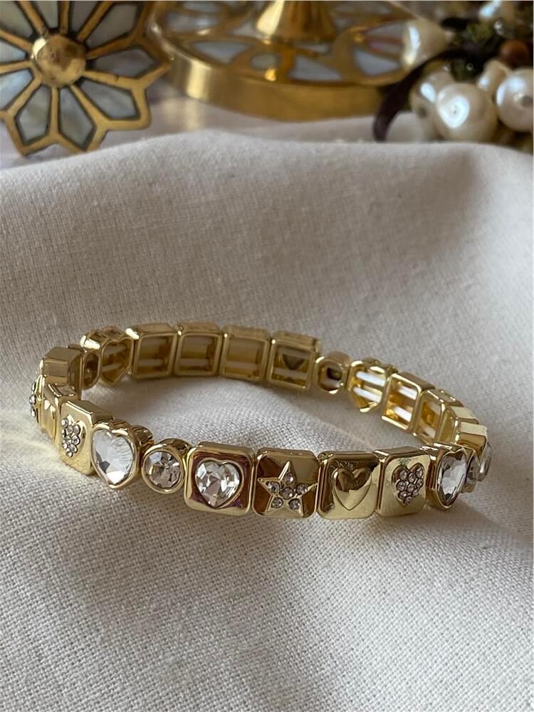 Şeffaf Taşlı Yıldız ve Kalp Desenli Esnek Bileklik