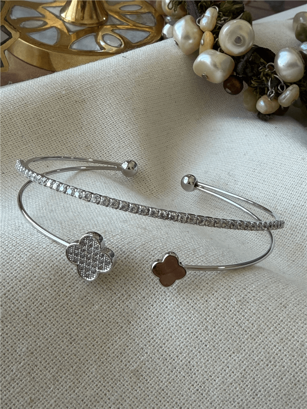 Silver Taşlı İkili Görünümlü Cleef Model Açık Kelepçe