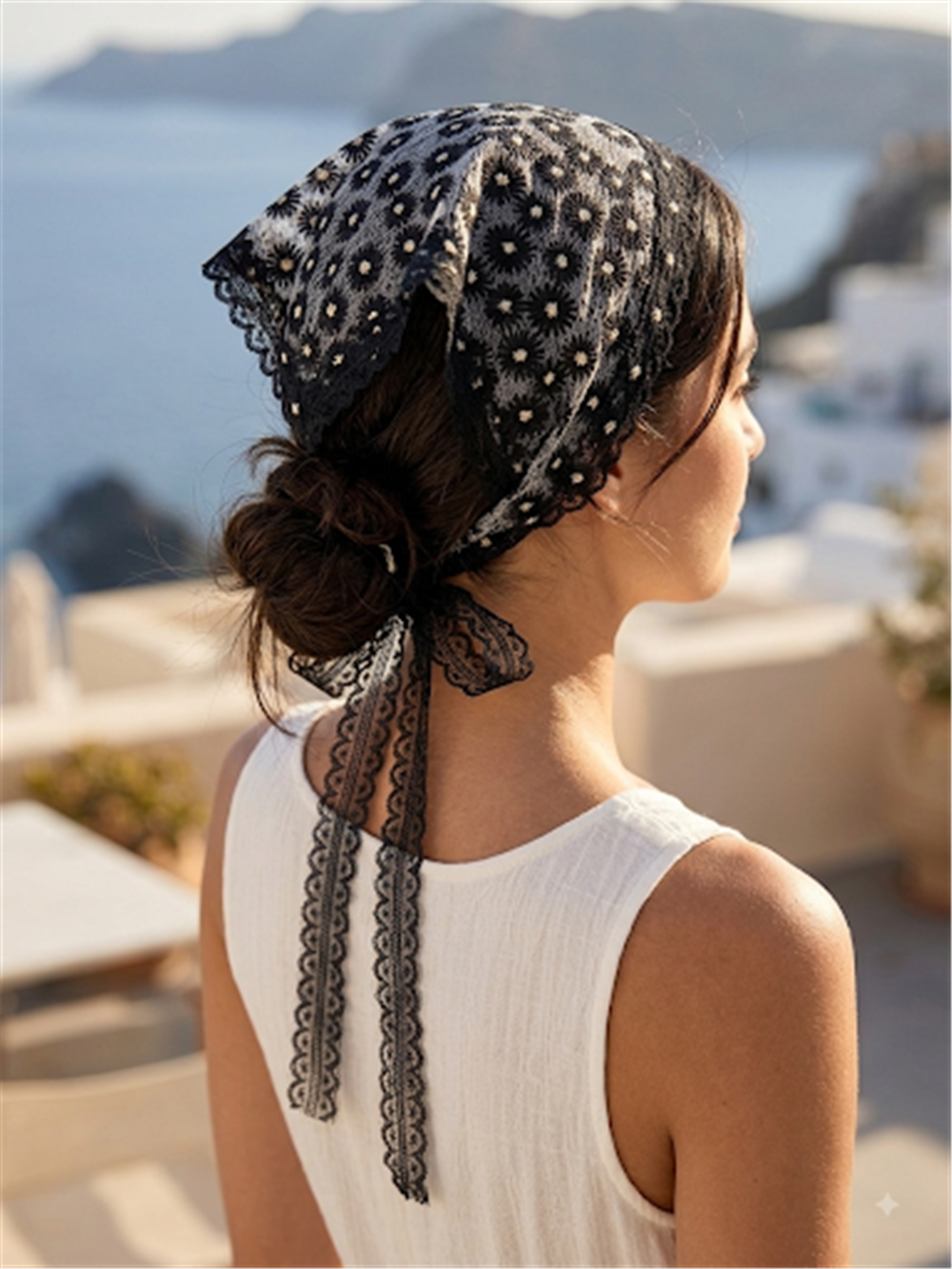 Siyah Papatya Desenli Bandana Model Taç