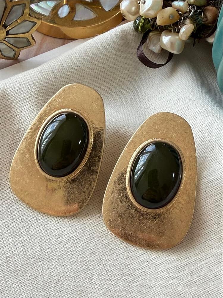 Siyah Taşlı Gold Plaka Küpe