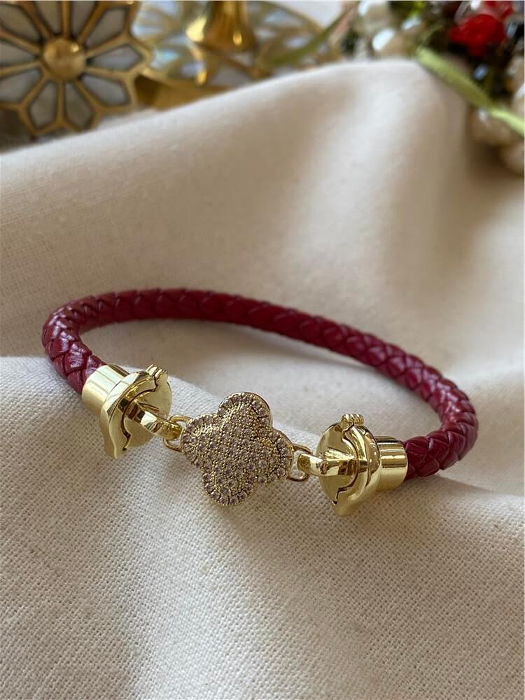 Taşlı Cleef Model Bordo Deri Bileklik