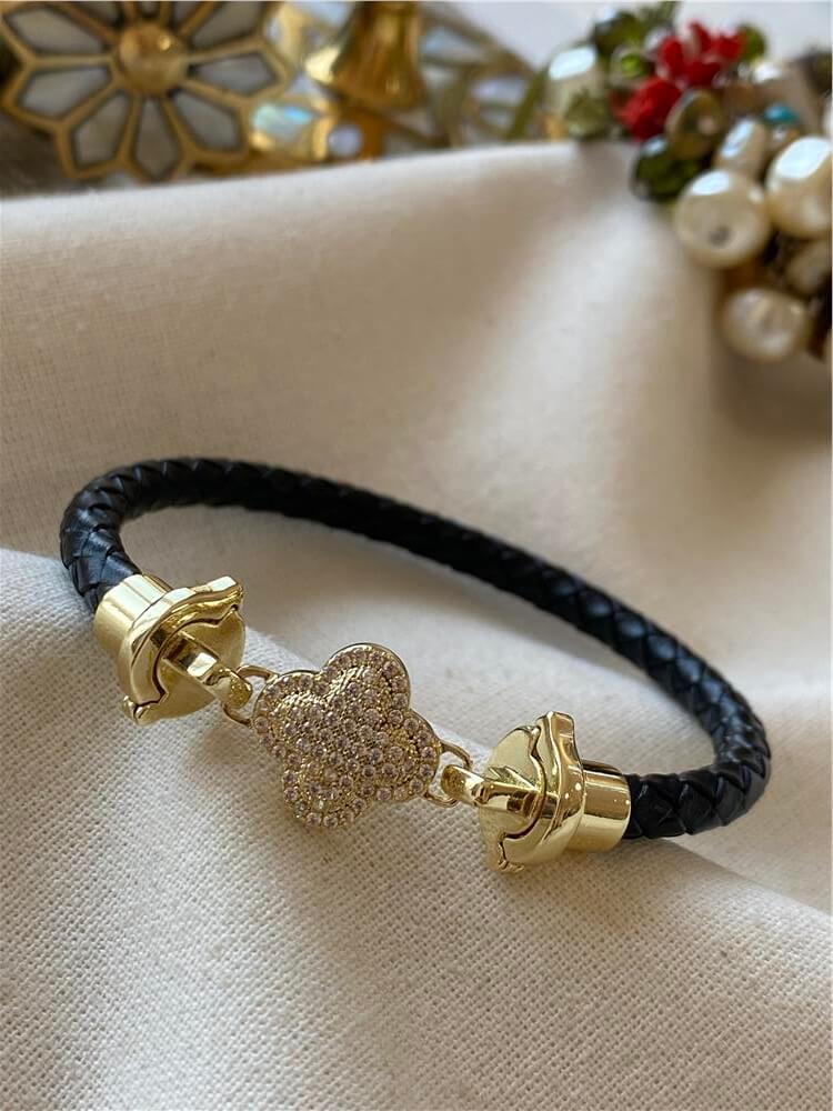 Taşlı Cleef Model Siyah Deri Bileklik