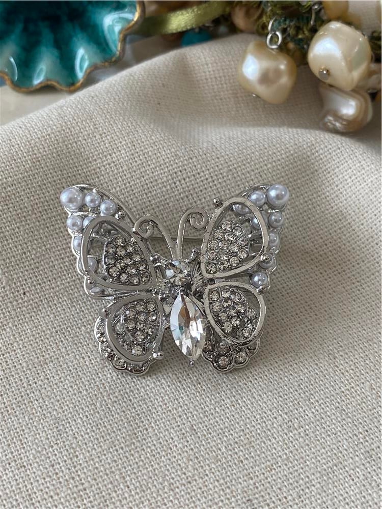 Taşlı İncili Silver Kelebek Broş