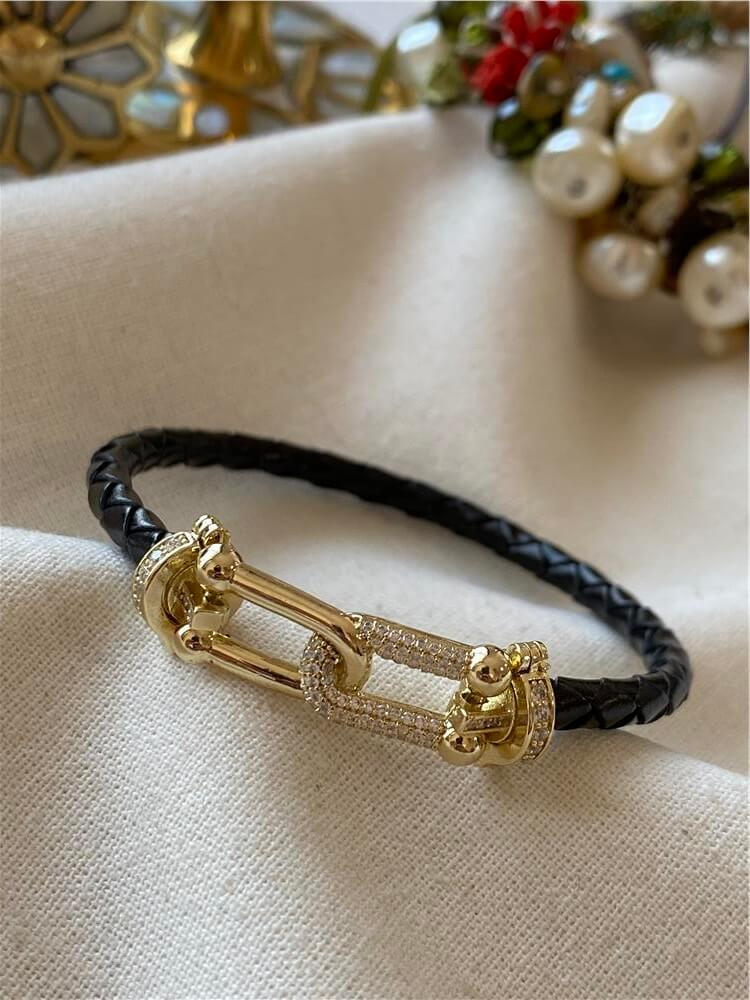 Taşlı Tffny Detaylı Siyah Deri Bileklik