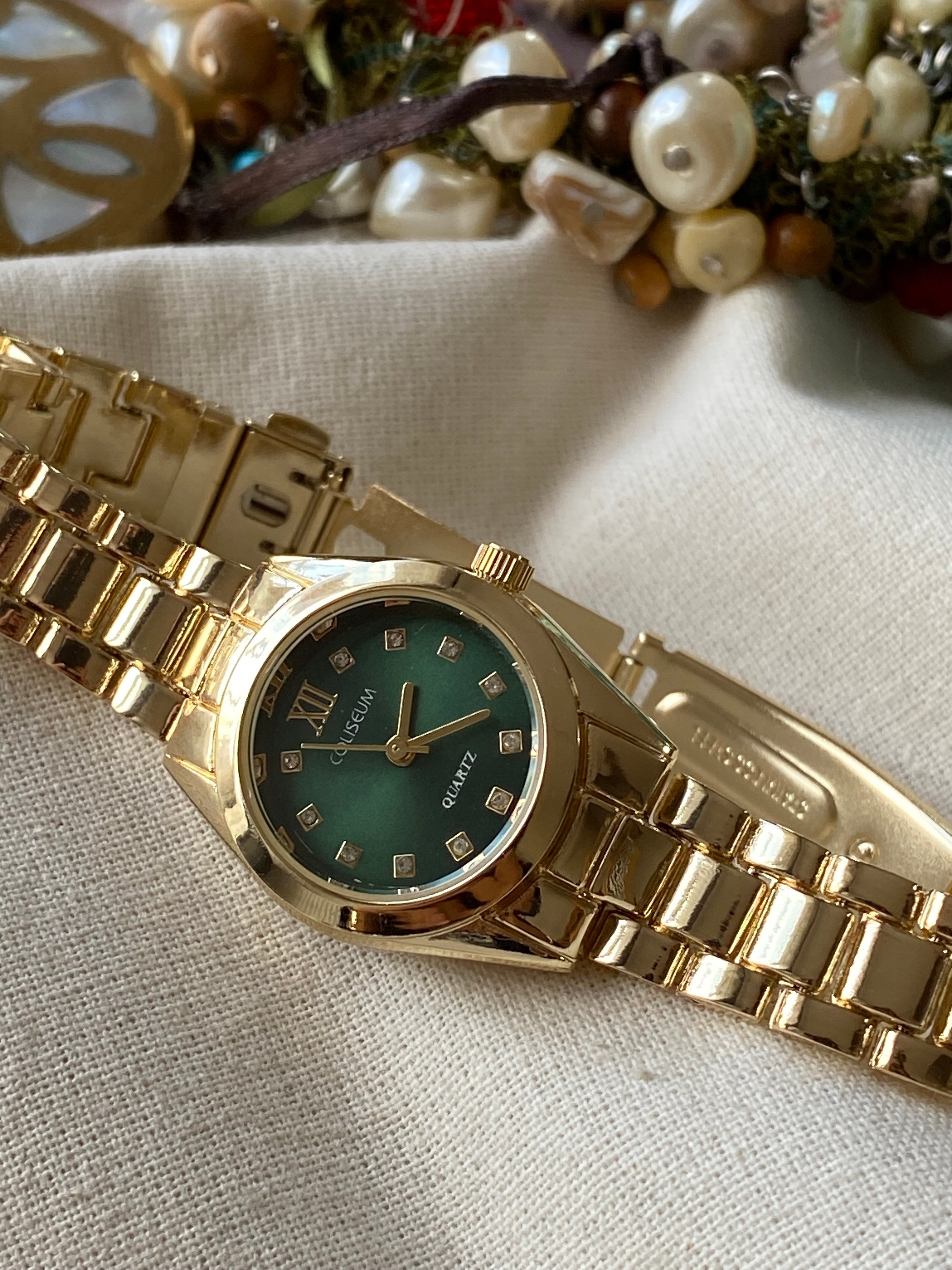 Taşlı Yeşil Kadranlı Gold Metal Kol Saati