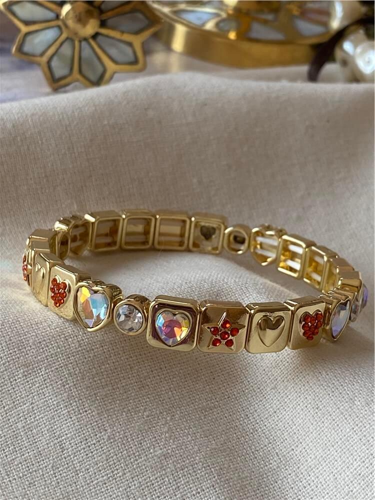 Turuncu Taşlı Yıldız ve Kalp Desenli Esnek Bileklik