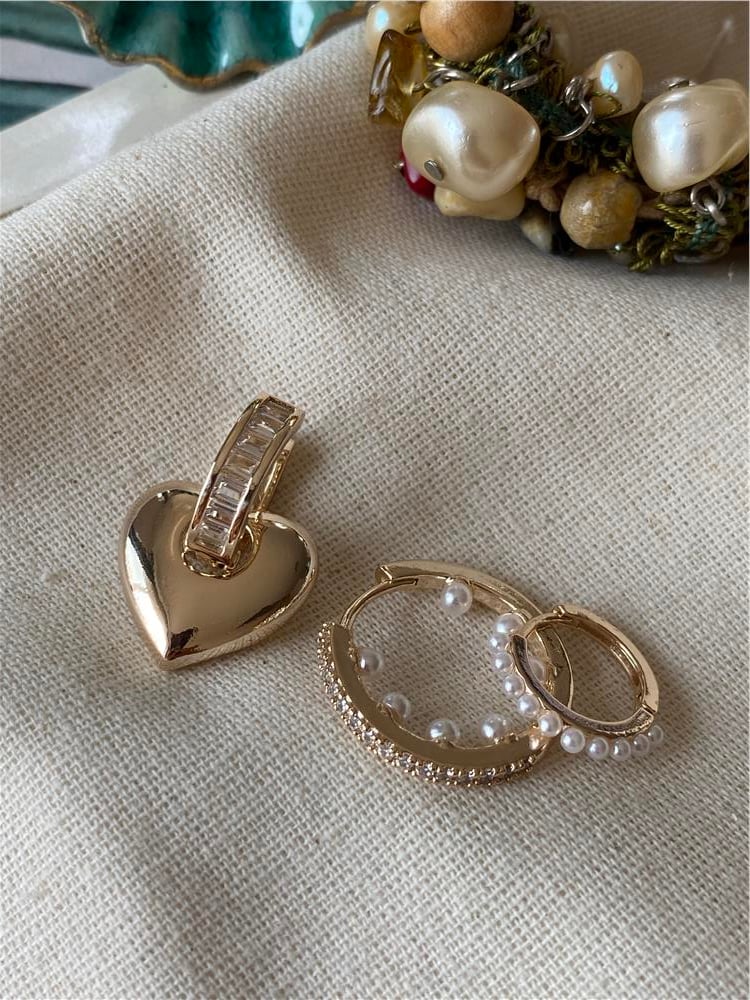 Üçlü Kalp İncili Halka Küpe
