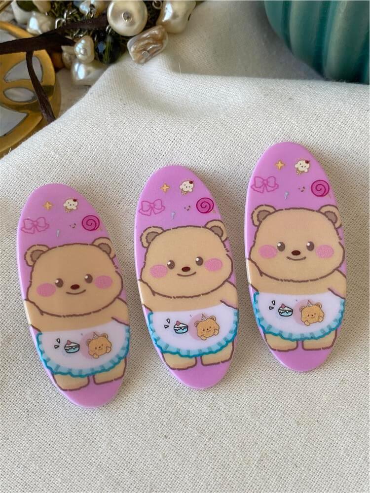 Üçlü Lila Ayıcık Desenli Çıtçıtlı Toka Seti