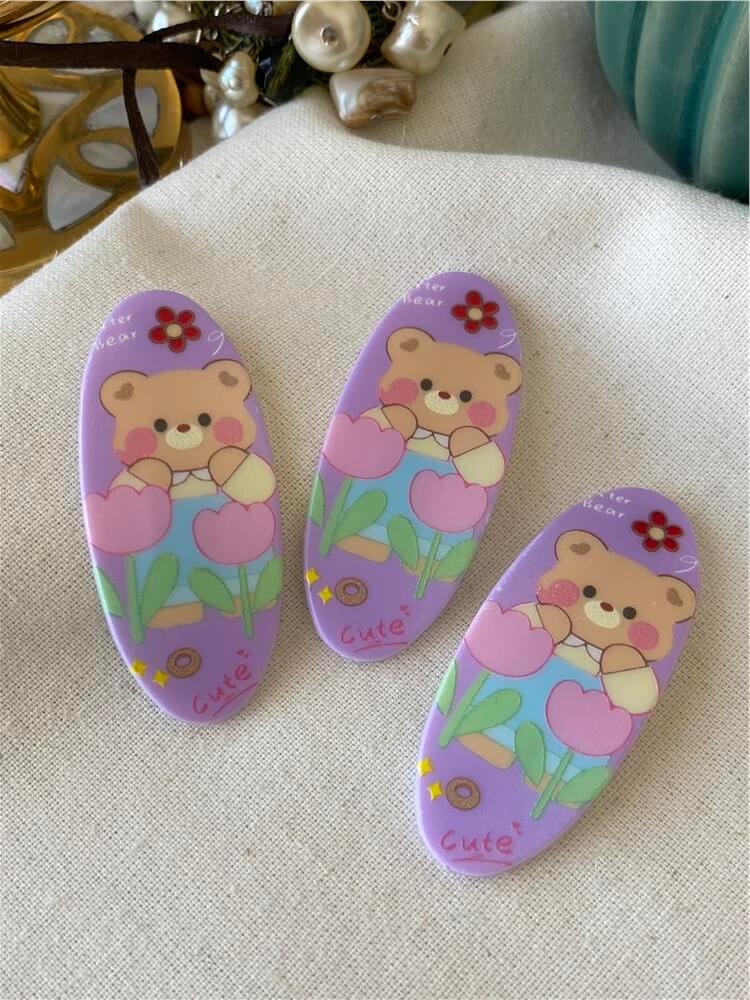 Üçlü Mor Cute Bear Çıtçıtlı Toka Seti
