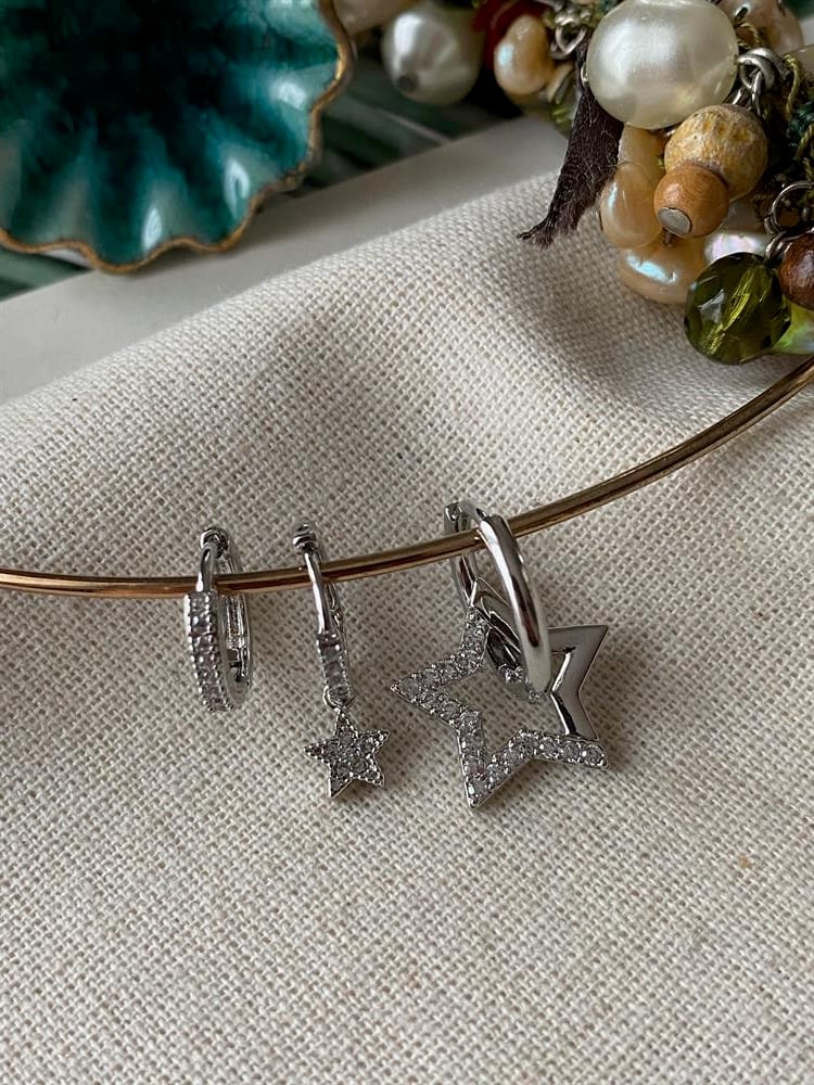 Üçlü Silver Big&Small Stars Küpe