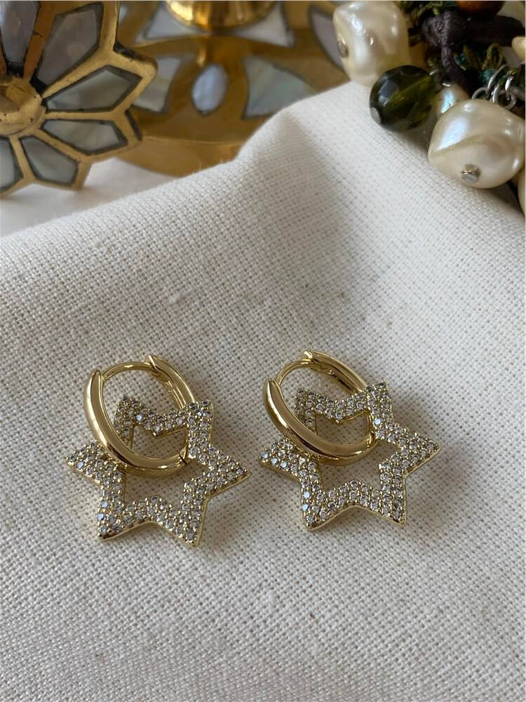 VIP 14K Altı Köşeli Taşlı Yıldız Charmlı Küpe