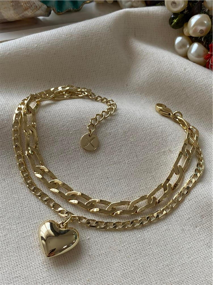 VIP 14K İkili Kalp Charmlı Zincir Bileklik