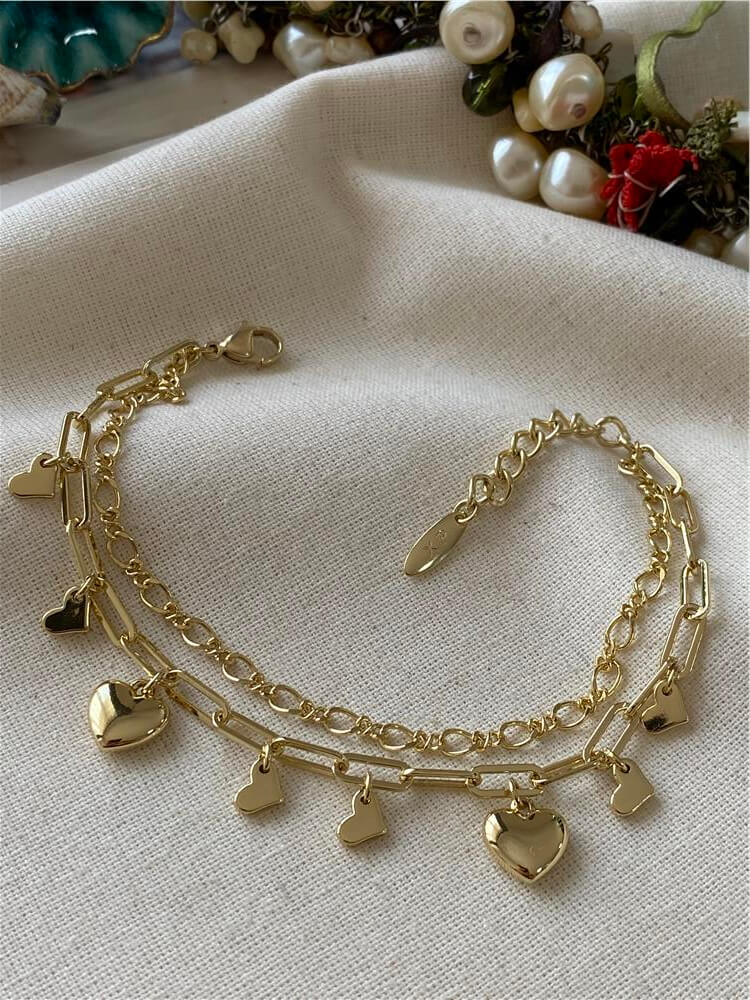 VIP 14K İkili Sıralı Kalp Detaylı Zincir Bileklik