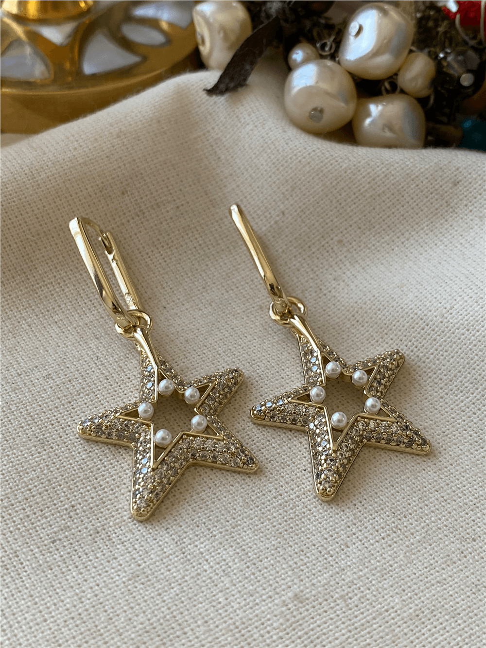 VIP 14K İncili Yıldız Sallantılı Küpe