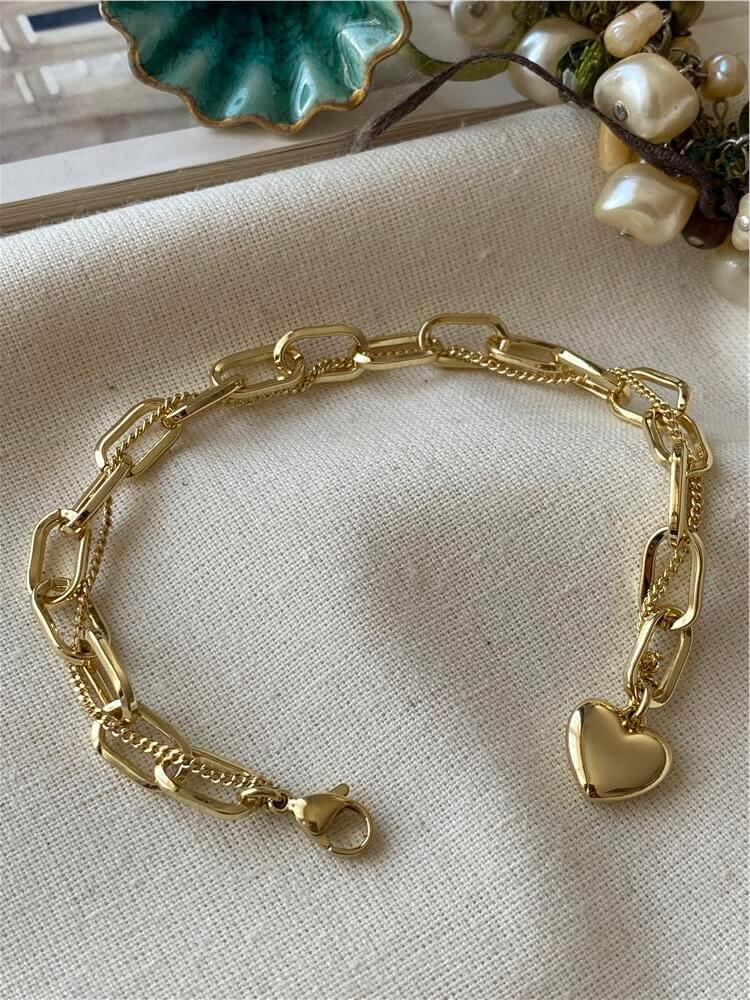 VIP 14K Kalp Charmlı Zincir Geçmeli Oval Bileklik